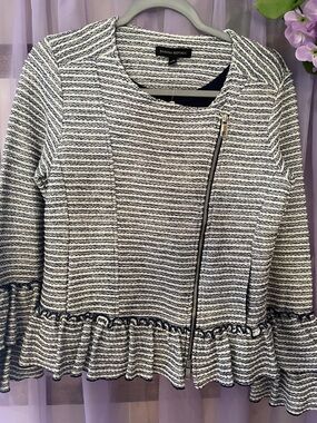 Banana Republic Navy & White Textured Peplum Zip Jacket